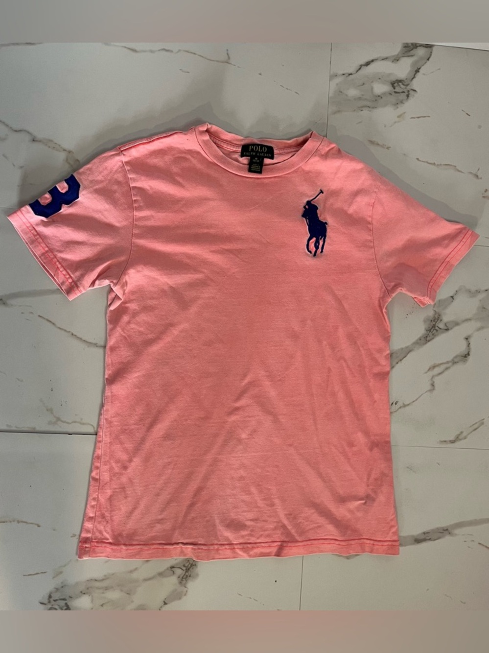 Polo by Ralph Lauren Salmon Pink Coral Tee Navy Horse Boys Size 10-12